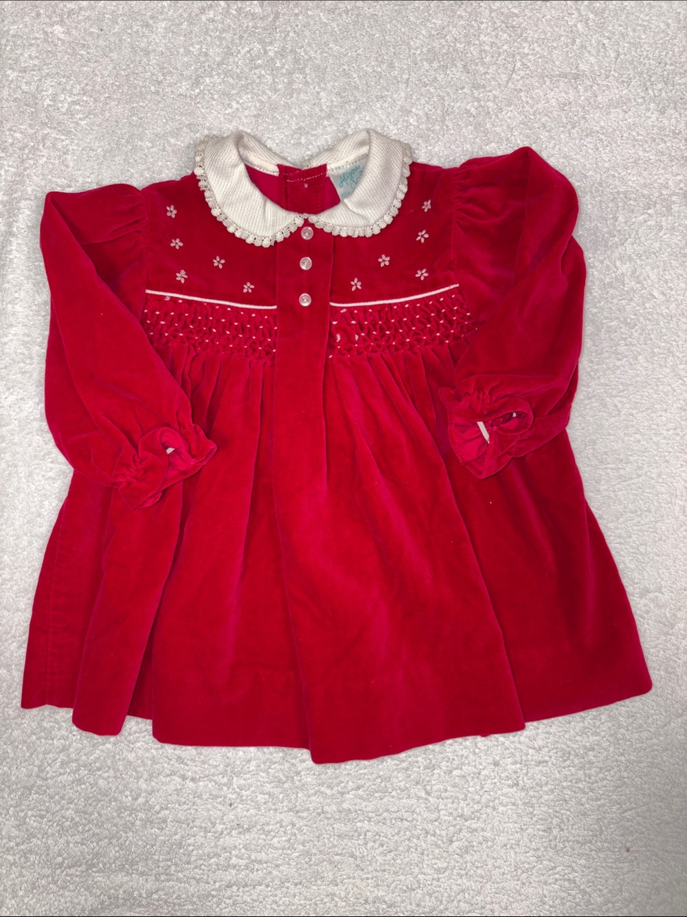 Alison Scott Red Velvet Smocked Dress with White Peter Pan Collar 12m
